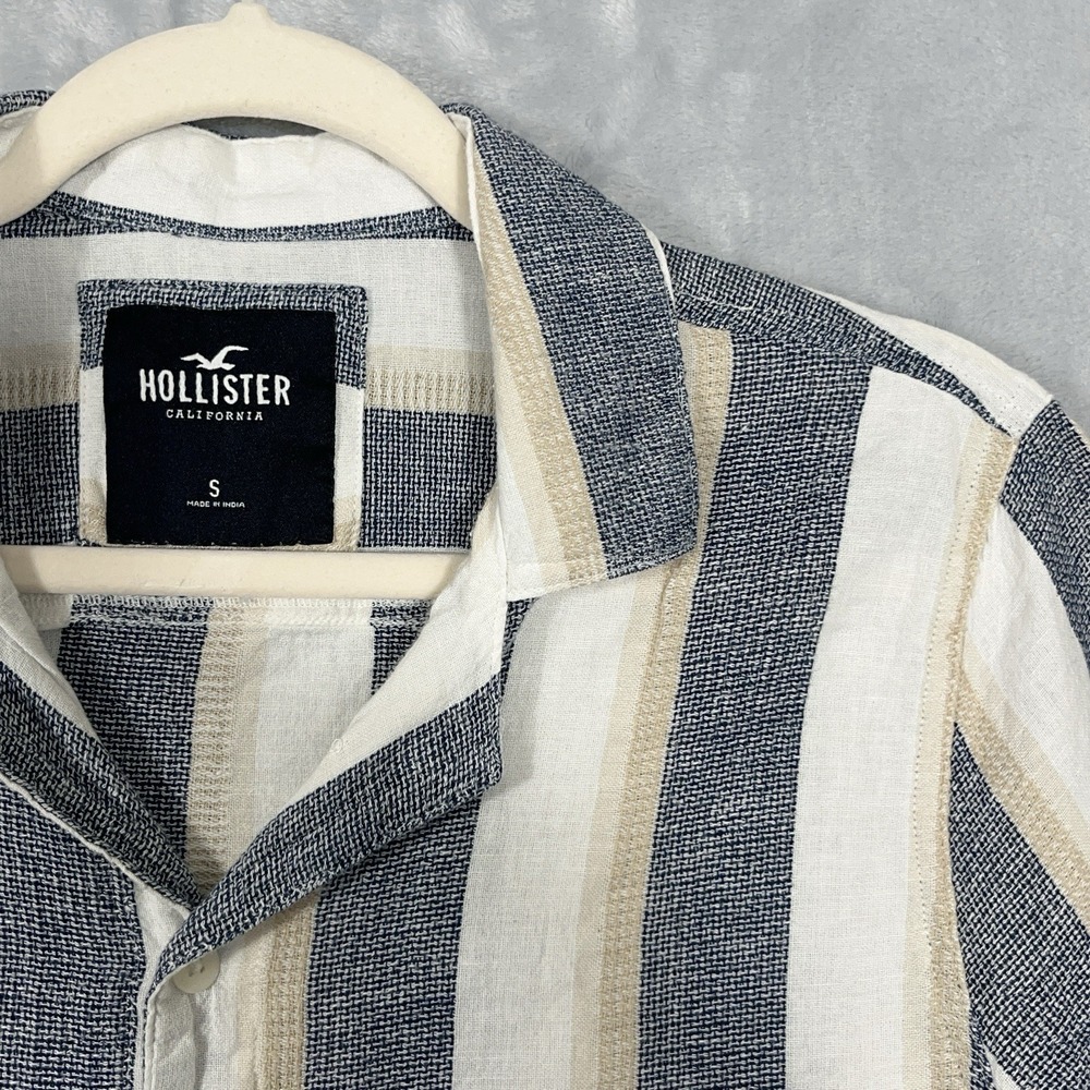 Hollister Mens Shirt S Button Up White Striped Linen Blend Short Sleeve Resort - Picture 3 of 9